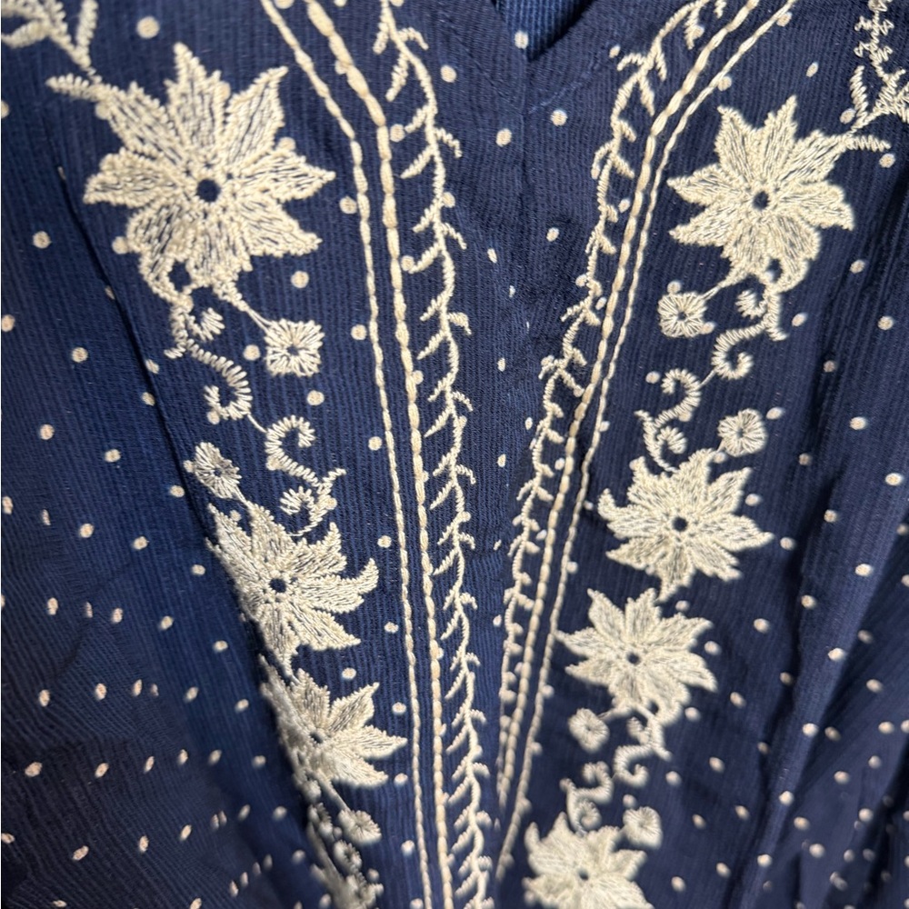Blu Pepper Navy Floral Embroidered Blouse Tie Waist S - Picture 3 of 5